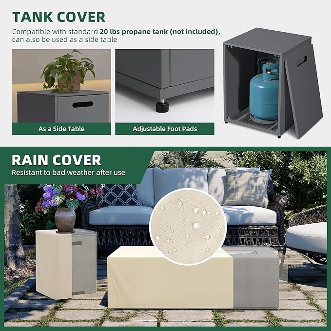 UPHA 42-inch Outdoor Propane Gas Fire Pit Table 50000 BTU Iron Rectangle Firepit for Outside Patio with Tank Hidden Table, Wind Guard, Removable Lid, Blue Glass Rocks, Rain Cover, Grey