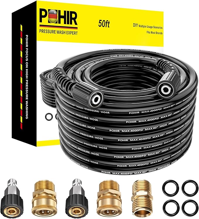 50ft Pressure Washer Hose with M22 14 Fitting, 1/4 inch Kink Resistant Replacement Hose 4000 PSI, Electric Power Washing Hose with M22 to 3/8 Quick Connect Set