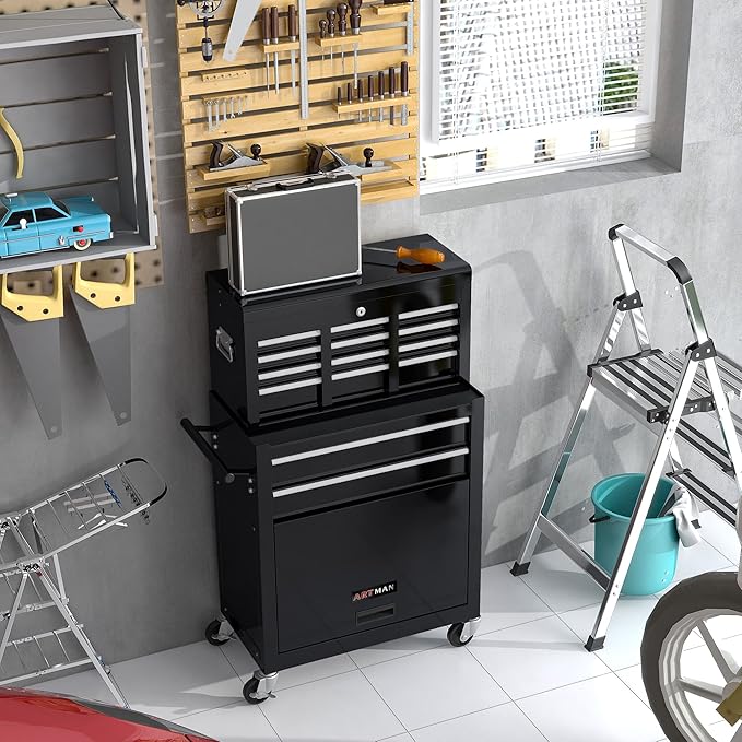 8 Drawers Rolling Tool Box Organizer,High Capacity Tool Chest with Wheels,Lockable Rolling Tool Chest with Bottom Cabinet, Tool Box Rolling Workshop Storage Cabinet (8 Drawers(Black))