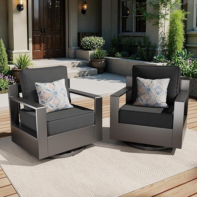 Aluminum Outdoor Swivel Rocker Chairs Set of 2 - All Weather Use Porch Furniture, 2 Pieces 360 Degree Swivel Glider Patio Chairs with 6" Water-Resistant Cushion & Chair Covers (Grey)