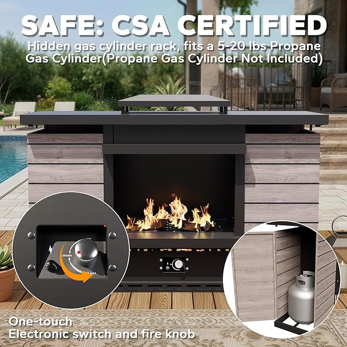 Aluminum Outdoor Conversation Furniture Set with Furniture Covers & 6" Cushions- Patio 79" Sofa with 4 Chairs & 63" Steel Propane Fireplace, 50,000 BTU Fire Pit with CSA Certified (Beige)