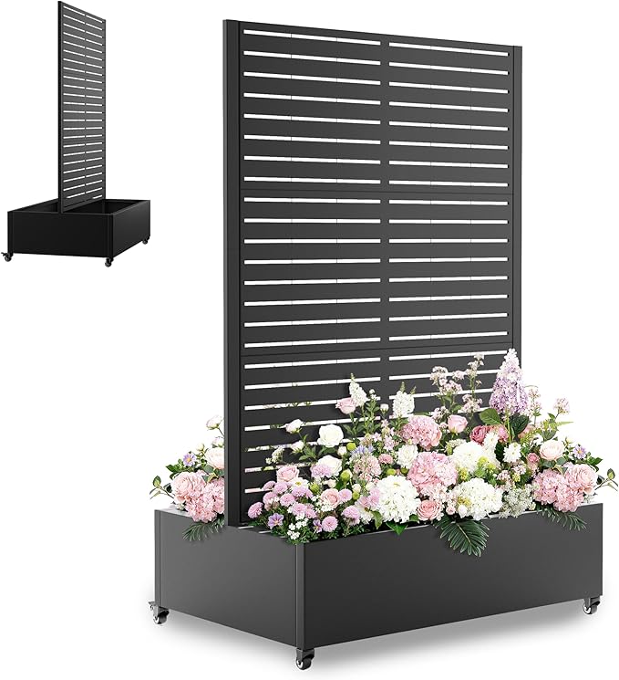 Metal Raised Garden Beds with Trellis and Wheels, Standing Planter Box with Privacy Screen for Outdoor Plants, Garden Boxes with Drainage Holes (35" L×24" W×71" H, Black)