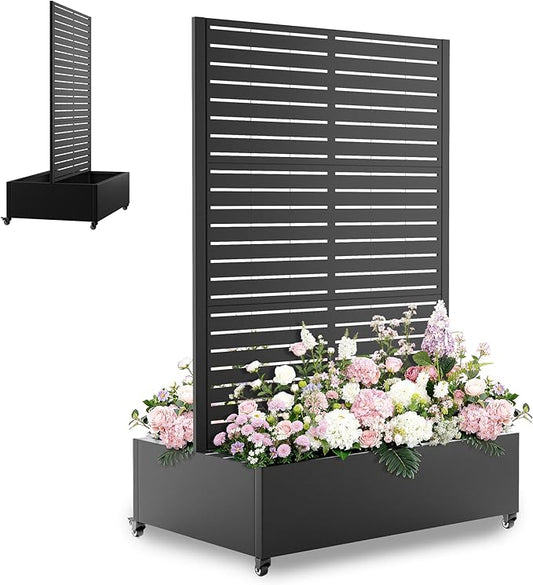 Metal Raised Garden Beds with Trellis and Wheels, Standing Planter Box with Privacy Screen for Outdoor Plants, Garden Boxes with Drainage Holes (35" L×24" W×71" H, Black)