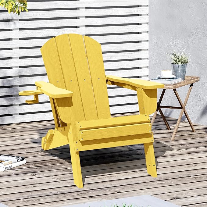 LOUNZY Folding Adirondack Chair with Cup Holder, HDPE All-Weather Folding Patio Chair, Outdoor Patio Adirondack Chair for Lawn Porch Garden Backyard Deck Fire Pit, Yellow