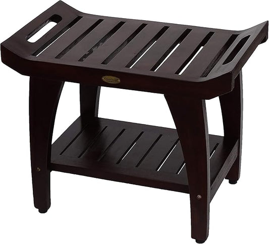 DecoTeak Tranquility 24 Inch Brown Waterproof Teak Wood Shower Bench Stool Seat Chair for Inside Shower Provides Safety, Storage, and Organization for Bathroom Accessories