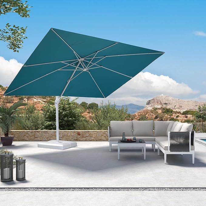 PURPLE LEAF 9' × 11.5' White Patio Umbrella Cantilever Outdoor Umbrella Aluminum Offset Square Umbrella Windproof with 360° Rotation for Deck Pool Garden, Turquoise