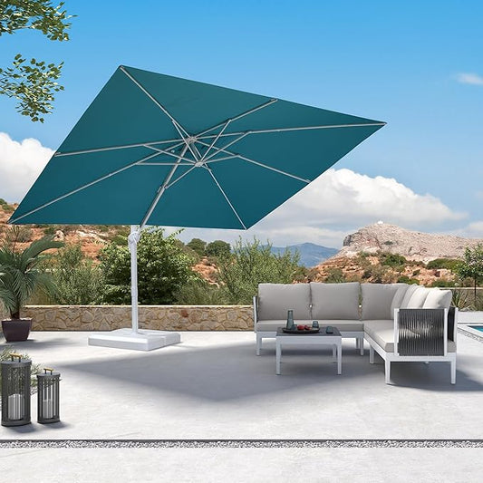 PURPLE LEAF 9' × 11.5' White Patio Umbrella Cantilever Outdoor Umbrella Aluminum Offset Square Umbrella Windproof with 360° Rotation for Deck Pool Garden, Turquoise