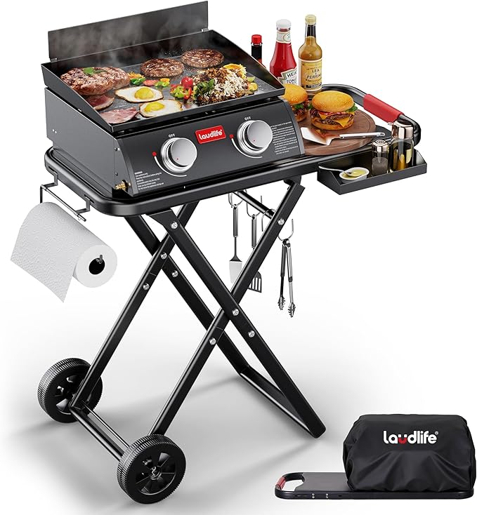 Portable Propane Gas Griddle with Collapsible Stand, Non-Stick Enameled Cast Iron, 342 SQ.IN Cooking Space, 2 Burners Flat Top Griddles for Camping, Tailgating, Outdoor Cooking