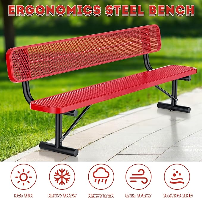 Heavy Duty Park Bench for Outside, Metal Park Bench with Back Portable Frame, Outdoor Steel Mesh Garden Bench with Backrest for Garden, Lawn, Patio, Porch, Park, Yard (Red, 8FT/95INCH)