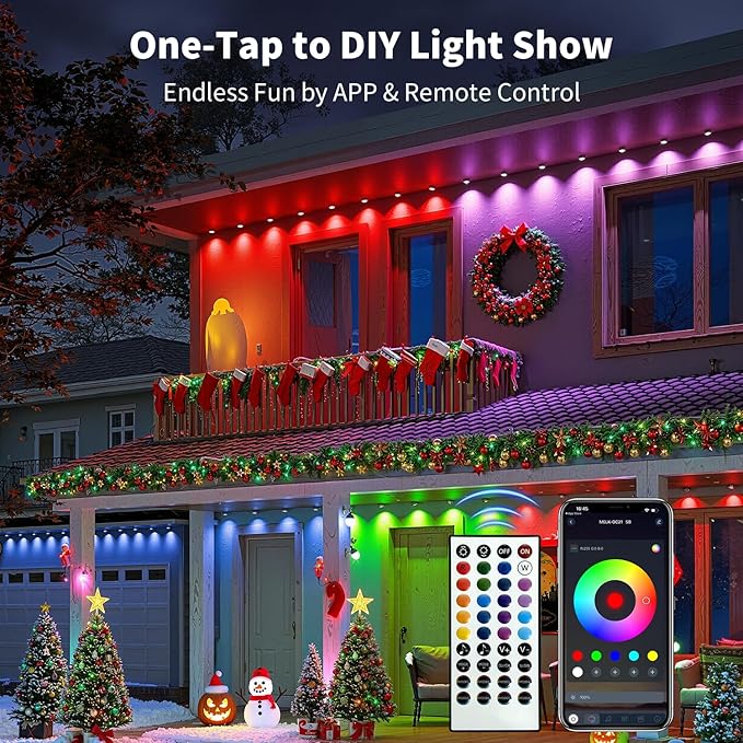 XINKAITE 500FT Permanent Outdoor Lights with 250 LEDs - Smart RGB+IC with 16 Million Colors, IP67 Waterproof, App & Remote Control, Hundreds of Modes for Holidays, Christmas & Home(2 Rolls 250FT)