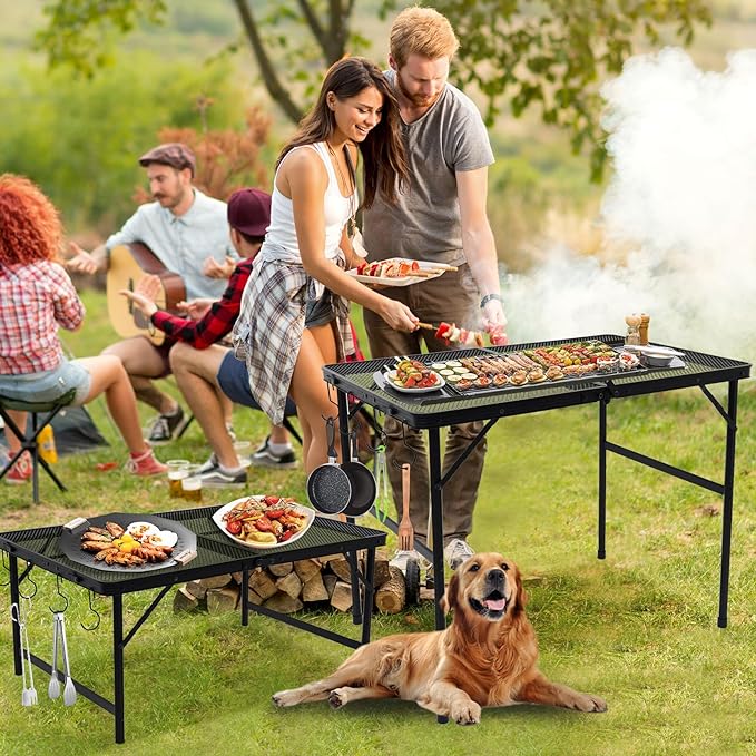 Outdoor Picnic Camping Table, Folding Grill Metal Table 3 Ft - Portable, Lightweight, Compact & Height Adjustable Collapsible Patio BBQ Table with Trash Bag Holder