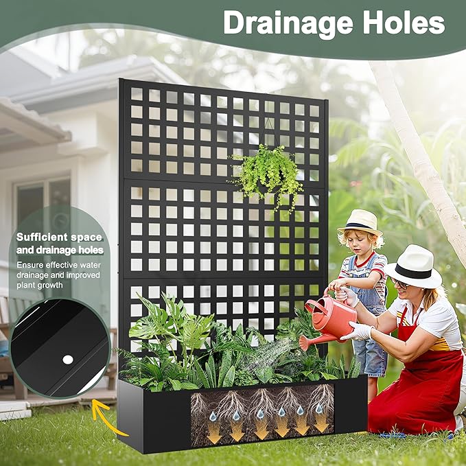 Metal Raised Garden Beds Outdoor with Trellis & Privacy Screen for Outdoor Plants, Planter Box for Climbling Plants, Flowers, Vine, Large Garden Boxes with Drainage Holes (47"L×16"W×71"H, Black)