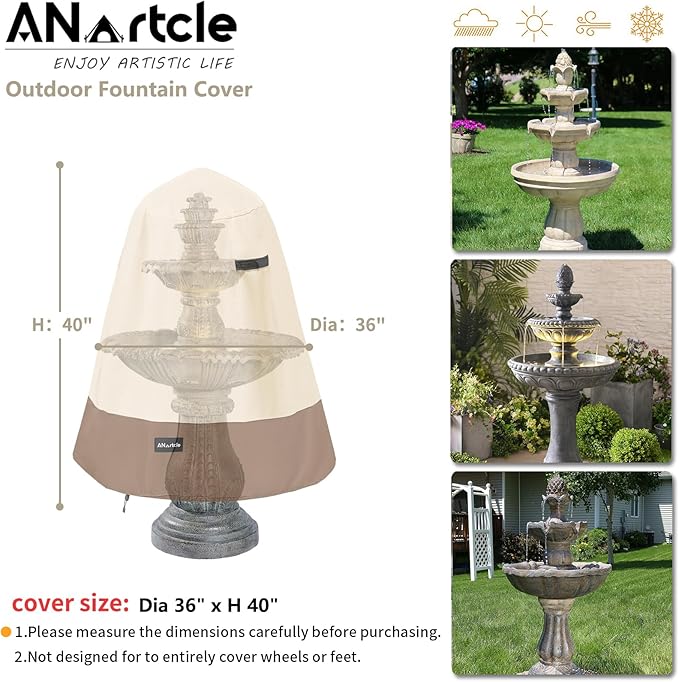 Outdoor Fountain Cover D 35" x H 40",600D Waterproof Heavy Duty Outdoor Fountain Covers,Winter Garden Fountain Statue Protective Cover,Beige&Brown