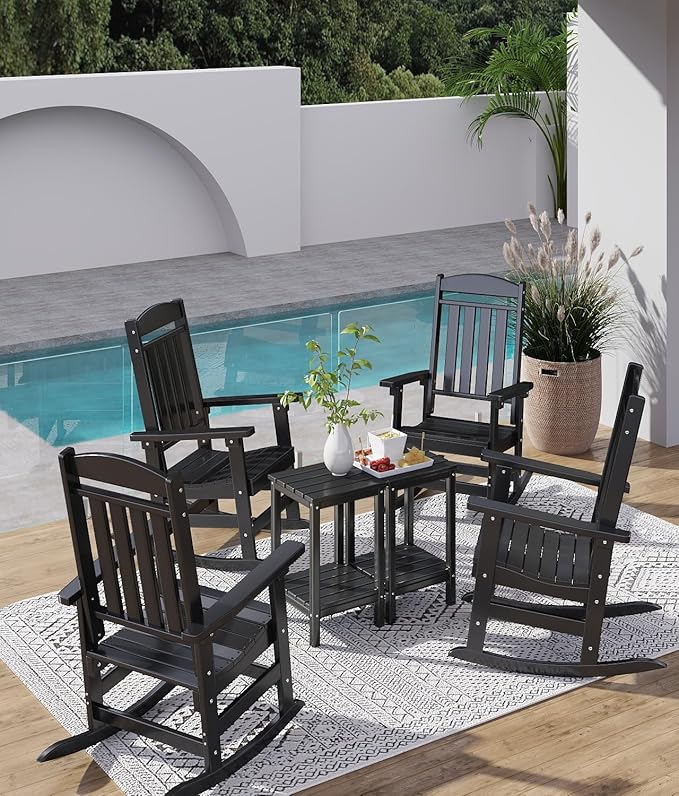 FOOWIN Outdoor Rocking Chair, High Back Patio Rocking Chair, HDPE All Weather Resistant Porch Rocker for Adult, Rocking Chairs for Outdoor, Indoor, Patio, Deck, Garden (Set of 1, Black)
