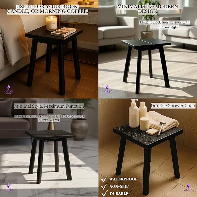 Black Teak Wood Shower Seat with Stainless Steel Legs – Waterproof Non-Slip Bath Stool, Indoor & Outdoor Use, 440 lbs Capacity, ADA Compliant, Handmade Compact Modern Design Bench