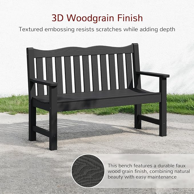 Stoog All-Weather 2-Person Outdoor Bench, 800 lbs Capacity HIPS Plastic Garden Bench for Patio, Backyard, Porch and Park, Never Fades & Rust-Proof, Black