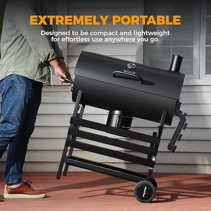 MASTER COOK Barrel Charcoal Grill with Foldable Front Shelf, Outdoor bbq Grill with 686 Sq.in. Cooking Area, Thermometer and Adjustable Air Vents for Patio, Parties,Backyard, Tailgating, Black