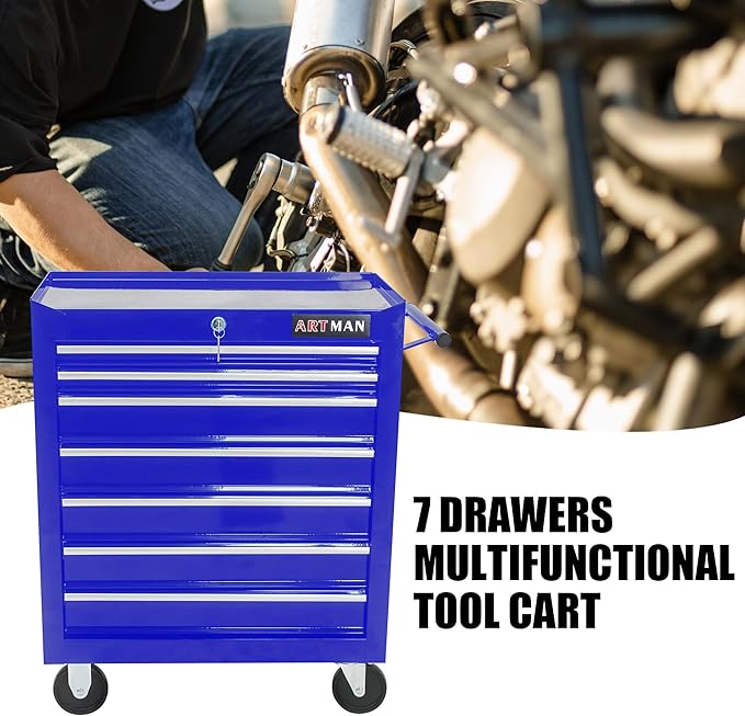 7-Drawer Tool Cart on Wheels, Multifunctional Rolling Tool Chest, Storage Organizer for Garage, Workshop, Repair Shop (7 Drawers-29.9"H-Blue)