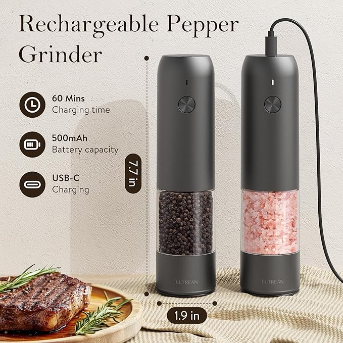 Ultrean Electric Pepper Grinder, Rechargeable Salt and Pepper Grinder with 6 Adjustable Coarseness, LED Light, One-Hand Automatic Operation, Christmas Gifts, Starry Gray