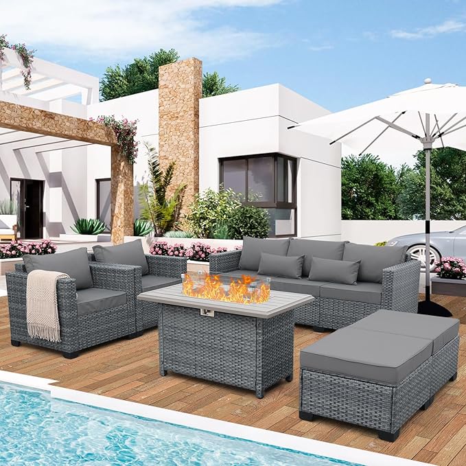 6 Pieces Wicker Patio Furniture Sets Outdoor Conversation Set PE Rattan Sectional Sofa Couch with 45" Fire Pit Table and Grey Cushions