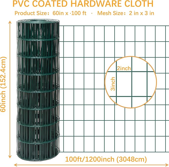 Green Metal Garden Fence, 60inch(H) x 100ft(L), 2 inch x 3 inch,14GA 2/3/4/5/6 Ft Tall Chicken Wire PVC Coated Welded Wire Mesh Roll for Dogs Border Yard Vegetable Plant Protection Poultry Netting