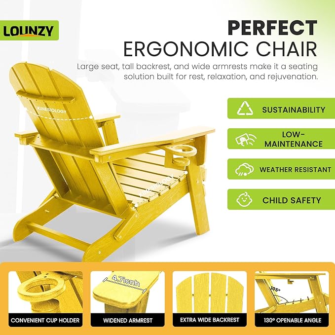LOUNZY Folding Adirondack Chair with Cup Holder, HDPE All-Weather Folding Patio Chair, Outdoor Patio Adirondack Chair for Lawn Porch Garden Backyard Deck Fire Pit, Yellow