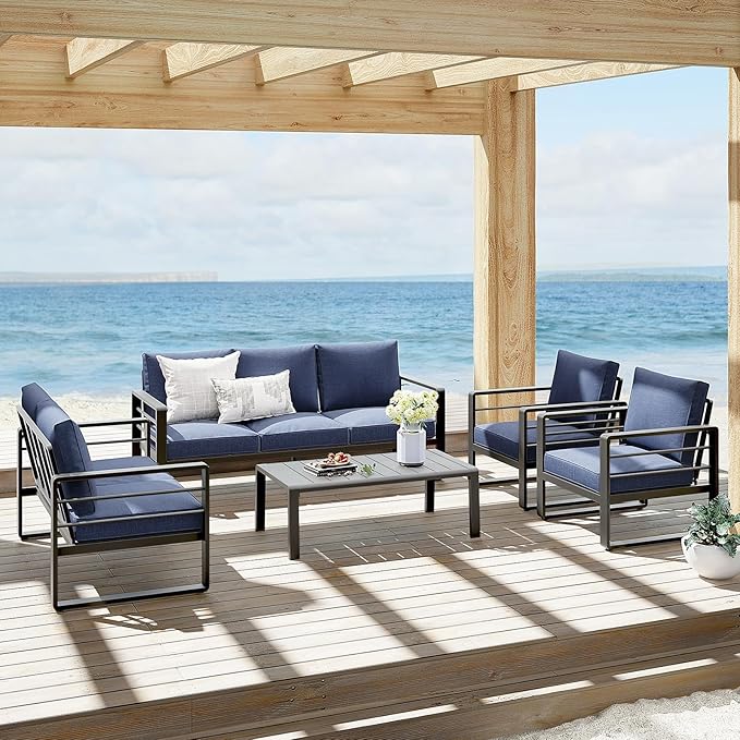 Patiorama Aluminum Patio Furniture Set, Outdoor Patio 3-Seater Sofa, 3 Seats Couch, All Weather Dark Grey Metal Chair with Olefin Cushion, Deep Seating, 800 lbs Capacity, Deck, Garden-Blue Cushion