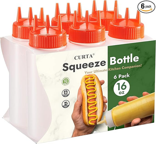 CURTA 6-Pack 16 oz Clear Squeeze Bottle with 3 Open Tips, BPA-Free Easy-to-Squeeze Plastic Condiment Dispenser with oz & ml Markings for Sauce, Oil, Dressing, Dishwasher Safe, Red