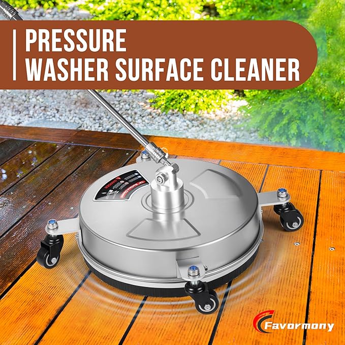 14" Pressure Washer Surface Cleaner with Wheels, 4000PSI Stainless Steel Surface Cleaner with 1/4" Quick Plug and 2 Extension Wands, for Patio Sidewalks, Deck, Porch Cleaning