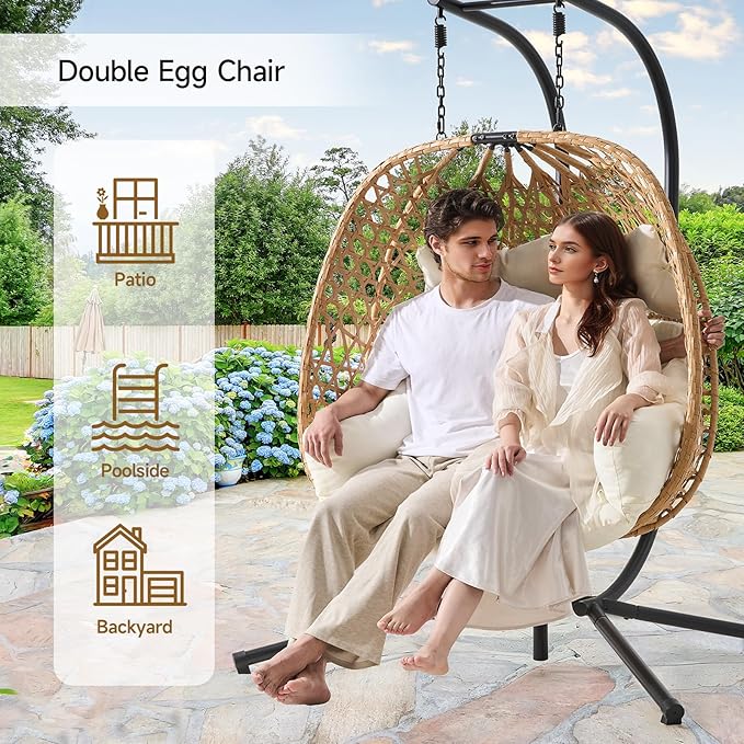 ONBRILL Double Hanging Egg Chair with Stand, Bohemian Knot Style Hammock Swing Chair, Foldable Basket & Denser Weaves, 650 Lbs Capacity Loveseat with UV Resistant Cushion for Patio, Backyard (Beige)