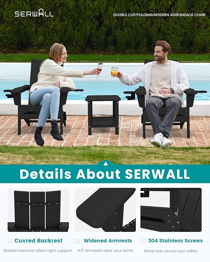 SERWALL Modern Adirondack Chair Set of 2, Folding Adirondack Chair with Dual Cup Holders, Outdoor HDPE Plastic Fire Pit Chairs for Patio Lawn Garden, Black
