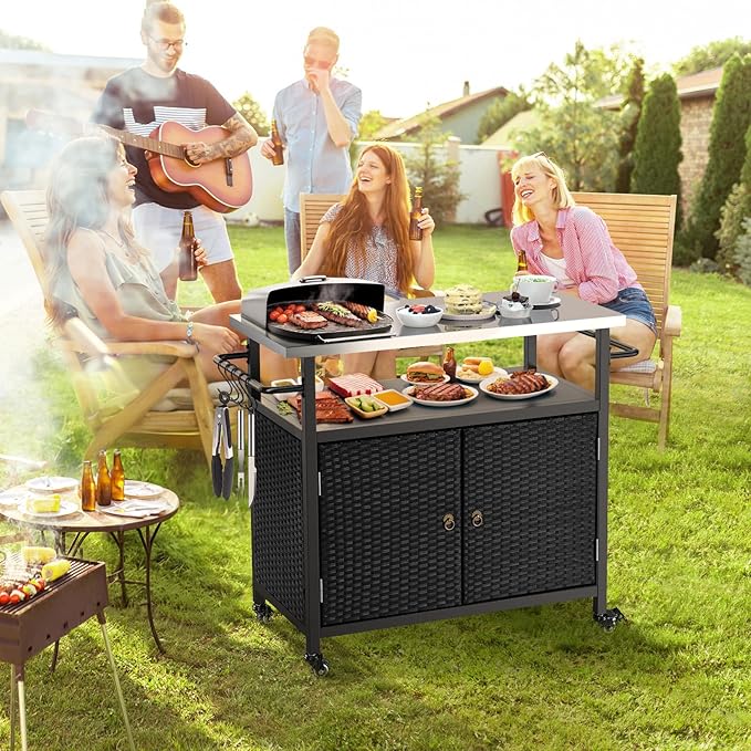 Outdoor Storage Cabinet, Rattan Patio Bar Tables with Wheels, Kitchen Island Cart with Stainless Steel Top for BBQ, Patio, Backyard