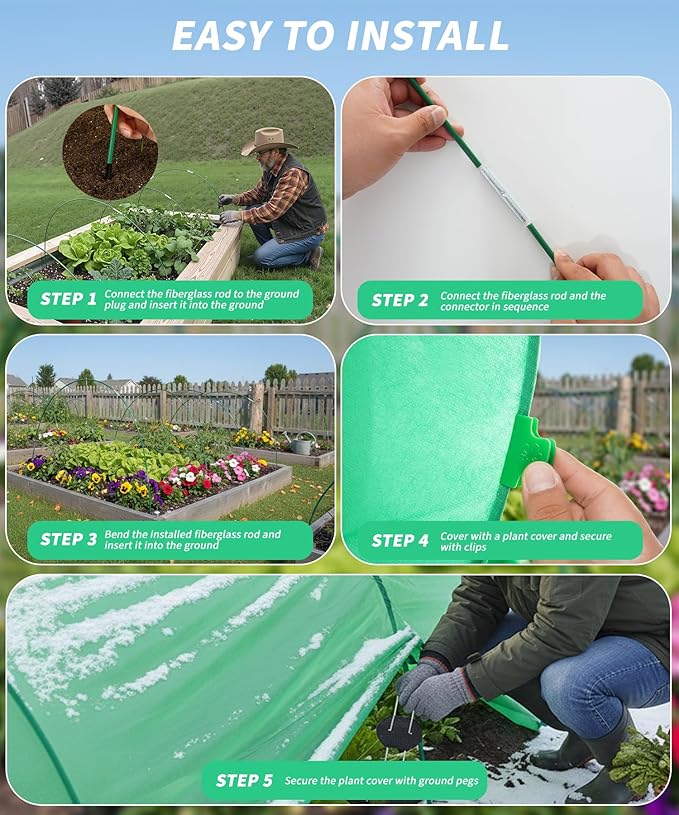 10ft x 33ft Plant Frost Protection Cover, 1.3 oz/yd² Reusable Freeze Blanket with 36 Hoops & 12 Stakes, Garden Greenhouse Tunnel for Winter Snow, Frost & Pest Protection on Outdoor Raised Beds
