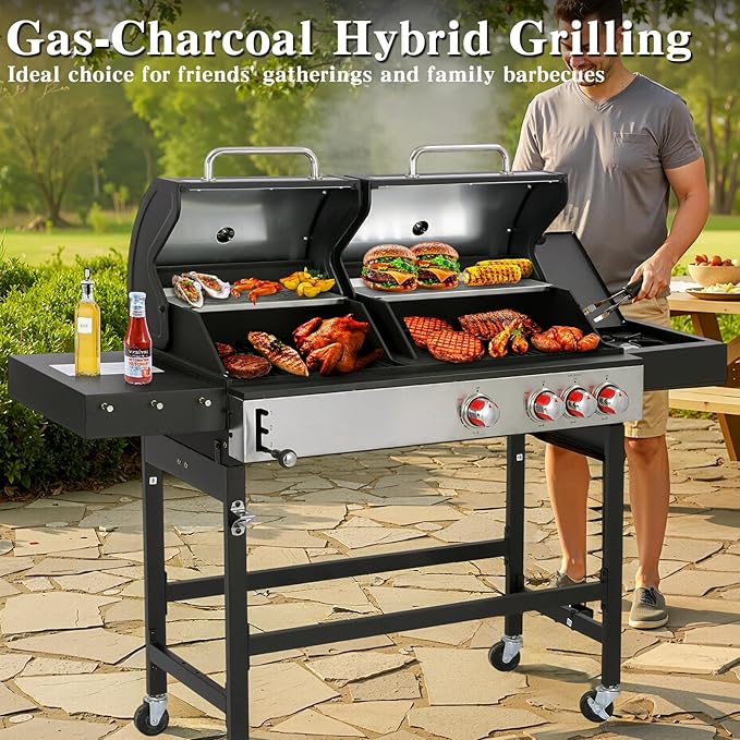 CIG GARDEN Gas and Charcoal Combo Grill, 3 Burner Propane Gas Grill with Side Burner, Cast Iron Grates Outdoor Barbecue Grill with 41,500 BTU Output, Perfect for Outdoor Cooking, Balcony, Camping
