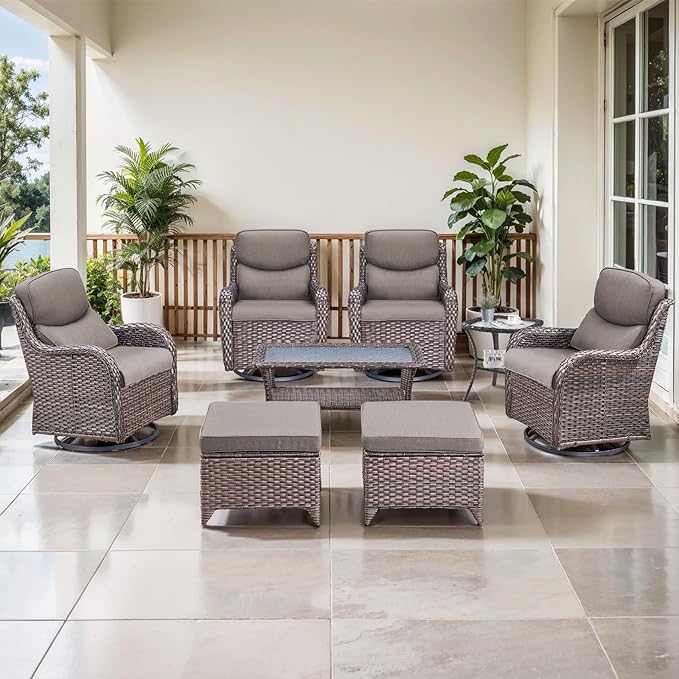 Outdoor Swivel Rocker Patio Chairs Set of 4 with Coffee Table - 5" Thick Cushion 8 Piece Furniture Set All Weather Comfortable Wicker Conversation Set for Porch Deck - Brown/Gray