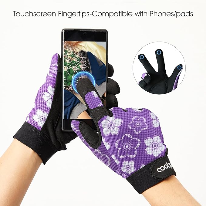 COOLJOB Medium Gardening Work Gloves for Women Ladies, Thorn Proof for Rose Pruning, Cactus Handling, Blackberry Bush Planting, Puncture Resistant Anti-Slip Flexible, 1 Pair M Floral Purple