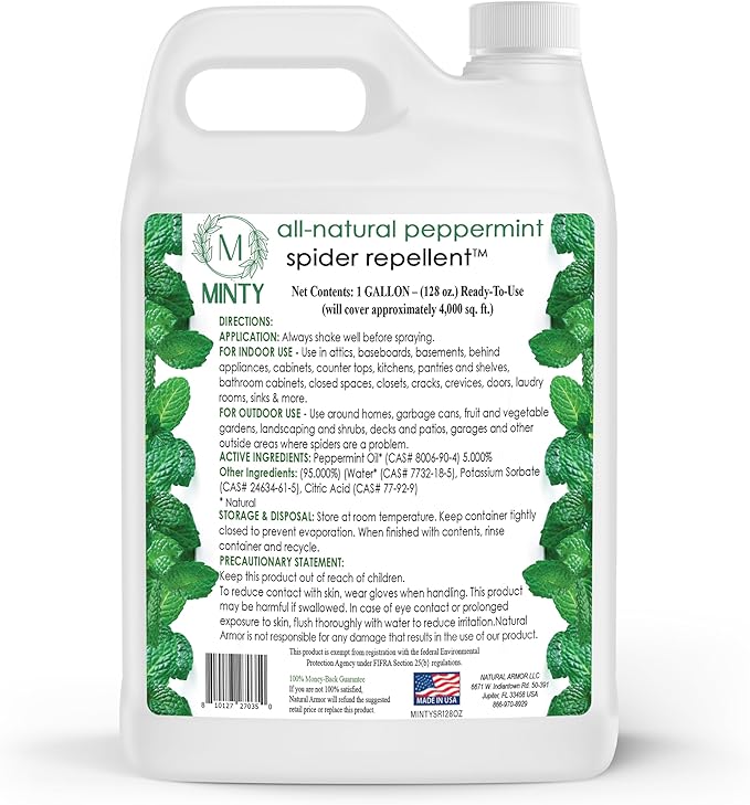 Minty Spider Repellent, Natural 5% Peppermint Oil Spray, Kills & Deters All Types of Spiders and Insects, Indoor and Outdoor Use, 128 fl oz Gallon