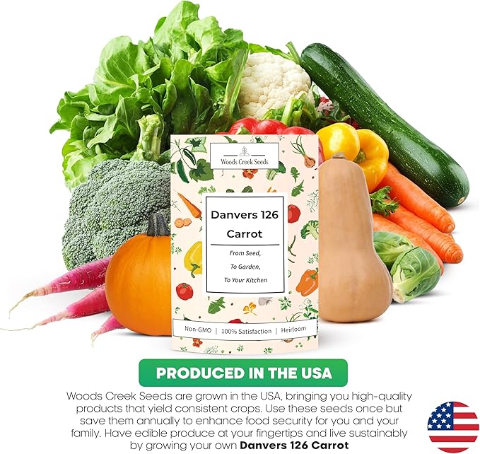 Woods Creek Seeds: Danvers 126 Carrot Seeds for Planting - Over 2,800 Heirloom Carrot Seed Pack - Non-GMO Carrots Seeds for Planting Outdoors or Indoors - Beginner Friendly Vegetable Gardening
