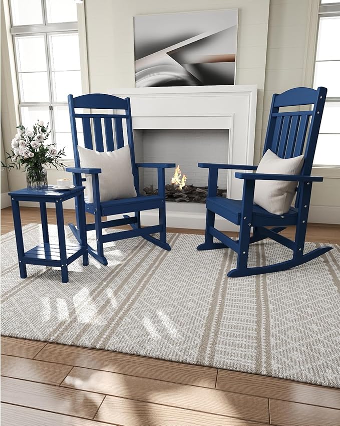 Outdoor Rocking Chairs, Oversized High Back Patio Rocking Chairs, All Weather Porch Rocking Chairs for Outside. Navy Blue