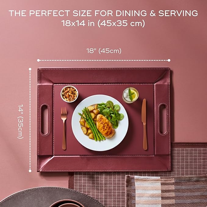 PLACEsMAT 2-in-1 Faux Leather Placemat & Serving Tray | Reversible Design, Lays Flat & Easy to Clean | Ottoman Food Tray, Perfect Housewarming Gift, 18” x 14” (Burgundy & Gunmetal, Set of 4)