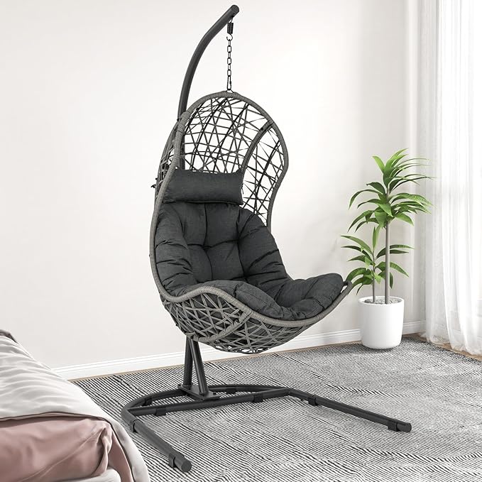 Giantex Egg Chair Outdoor Indoor - Hammock Chair with Stand, Pillow, Cushion, Hanging Accessories, PE Rattan Hanging Basket Chair for Living Room, Bedroom, 350 LBS Capacity Patio Swing Chair, Grey