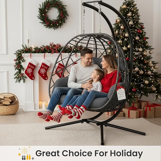 SWITTE Double Egg Swing Chair with Stand, 2 Person Outdoor Indoor Hammock Hanging Chair with Cushion for Patio Living Room 650 LBS Capacity-Dark Grey
