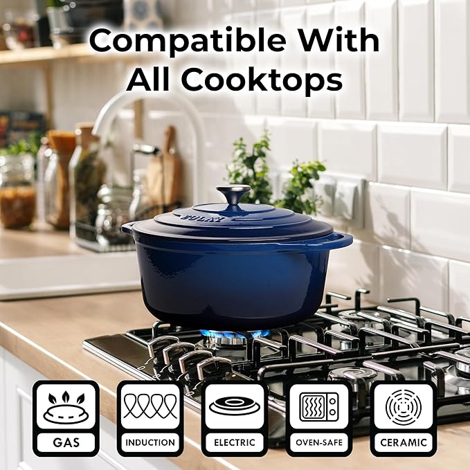 Zulay Kitchen 5 Quart Enameled Cast Iron Dutch Oven Pot with Lid – Premium Durability & Oven Safe up to 500°F – Heavy Duty Cookware Perfect for Bread Baking, Stews, Braising & Roasting – Blue