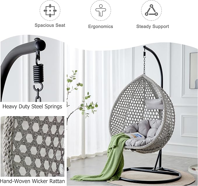 Hanging Egg Chair with Stand, Egg Swing Chair with Stand Indoor Outdoor,Grey Wicker Swing Egg Chair for Adults, Hammock Chair with Comfortable Cushion and Stable Round Metal Base for Bedroom Patio