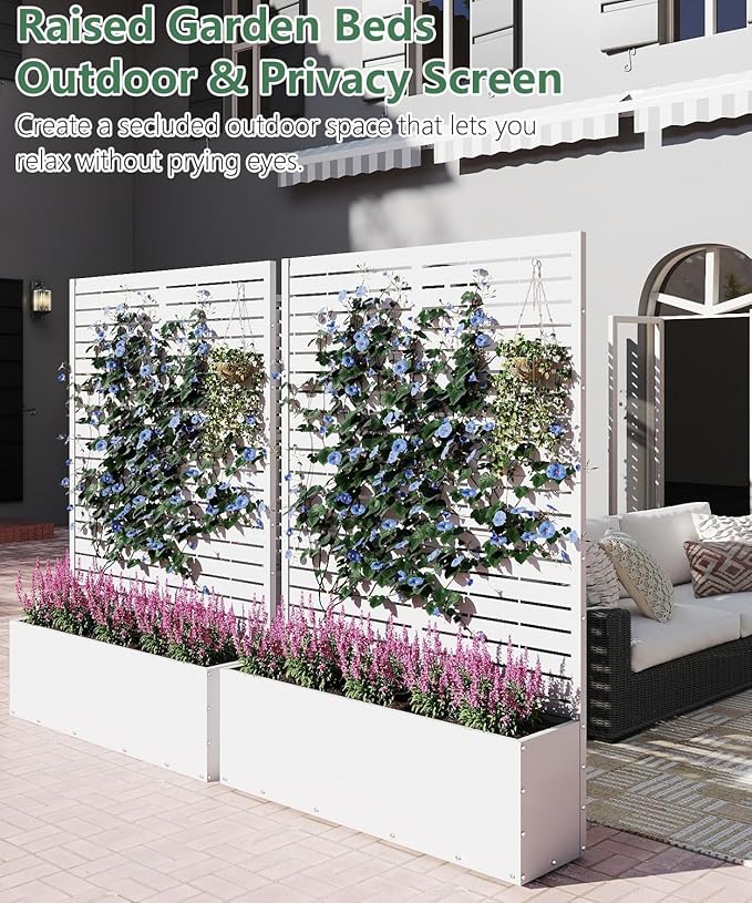 2PCS Metal Planter Box with Trellis,70.9"x47.2"x15.7" Raised Garden Bed with Drainage Holes, Privacy Planters for Outdoor Garden Bed for Climbing Plants,Vegetables,and Vines, White-louvered