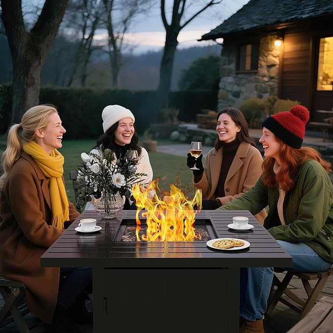30'' Propane Fire Pit Table, 50000 BTU Gas Fire Pits Table with Removable Lid and Lava Rock, Square Fire Table with Cover, Ideal for Dining or Party on Patio, Garden, Yard, Black