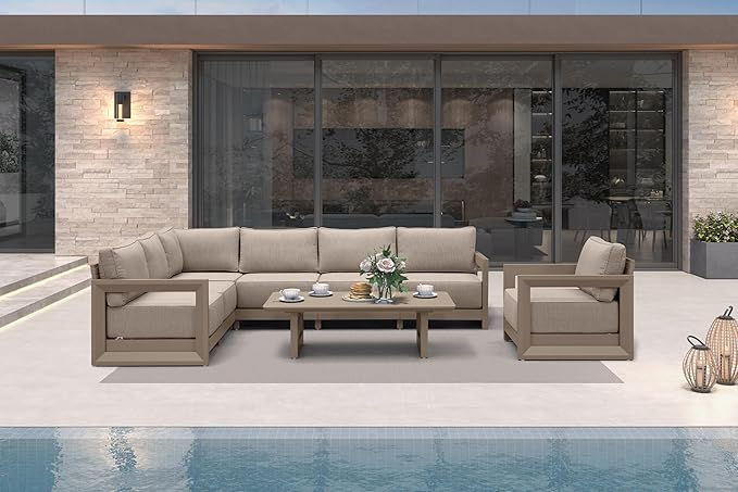 PURPLE LEAF Patio Furniture Set Open-End Outdoor Couch with 9.6" Thick Cushion and Soft Pillows 8 Piece Outdoor Sectional Sofas with Table Modern Outdoor Conversation Sets for Yard Deck Pool, Khaki