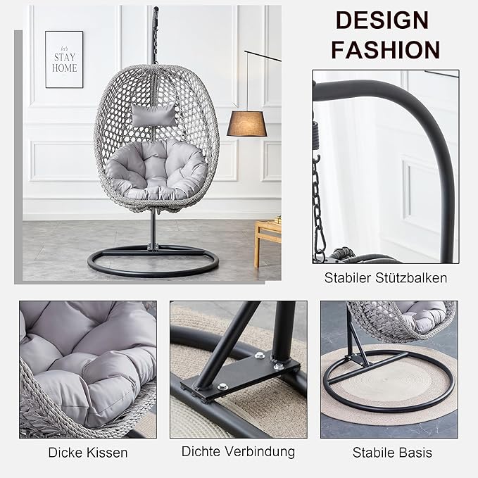 Hanging Egg Chair with Stand, Egg Swing Chair with Stand Indoor Outdoor,Grey Wicker Swing Egg Chair for Adults, Hammock Chair with Comfortable Cushion and Stable Round Metal Base for Bedroom Patio