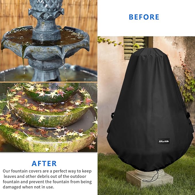 Outdoor Fountain Cover D 32"x H 38",600D Waterproof Heavy Duty Outdoor Fountain Covers,Garden Fountain Statue Protective Cover,Black