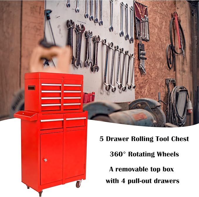 5 Drawer Rolling Tool Chest,Tool Storage Cabinet & Tool Box Cart with Wheels, Big Tools Removable Tool Box Combo,Tools Storage Boxs,Tools Case for Garage Warehouse Workshop (Red)